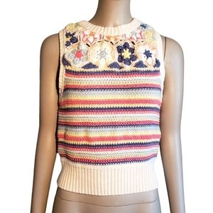 American Eagle Sleeveless Knit Crochet Boho Sweater XS Cropped Floral Striped